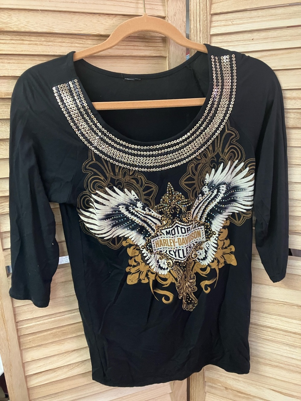Harley-Davidson Women's Black Embellished Long Sleeve Scoop Neck Tee